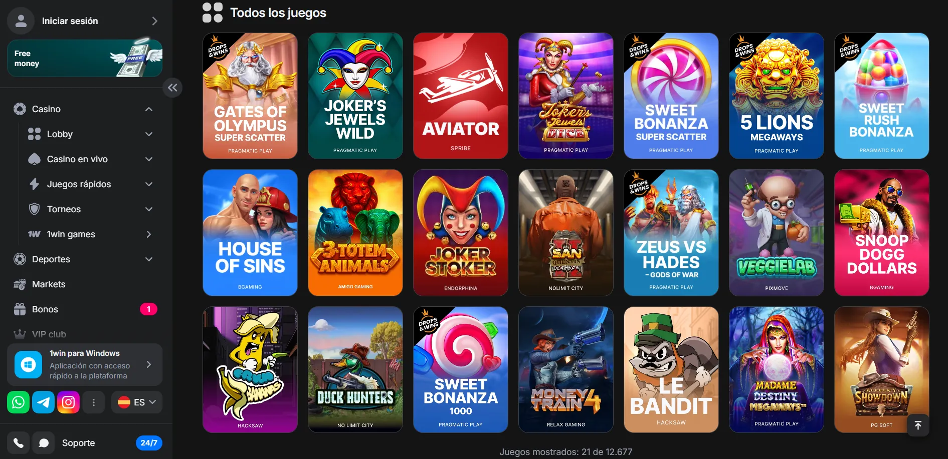 Casino y tragamonedas desde la 1 win app