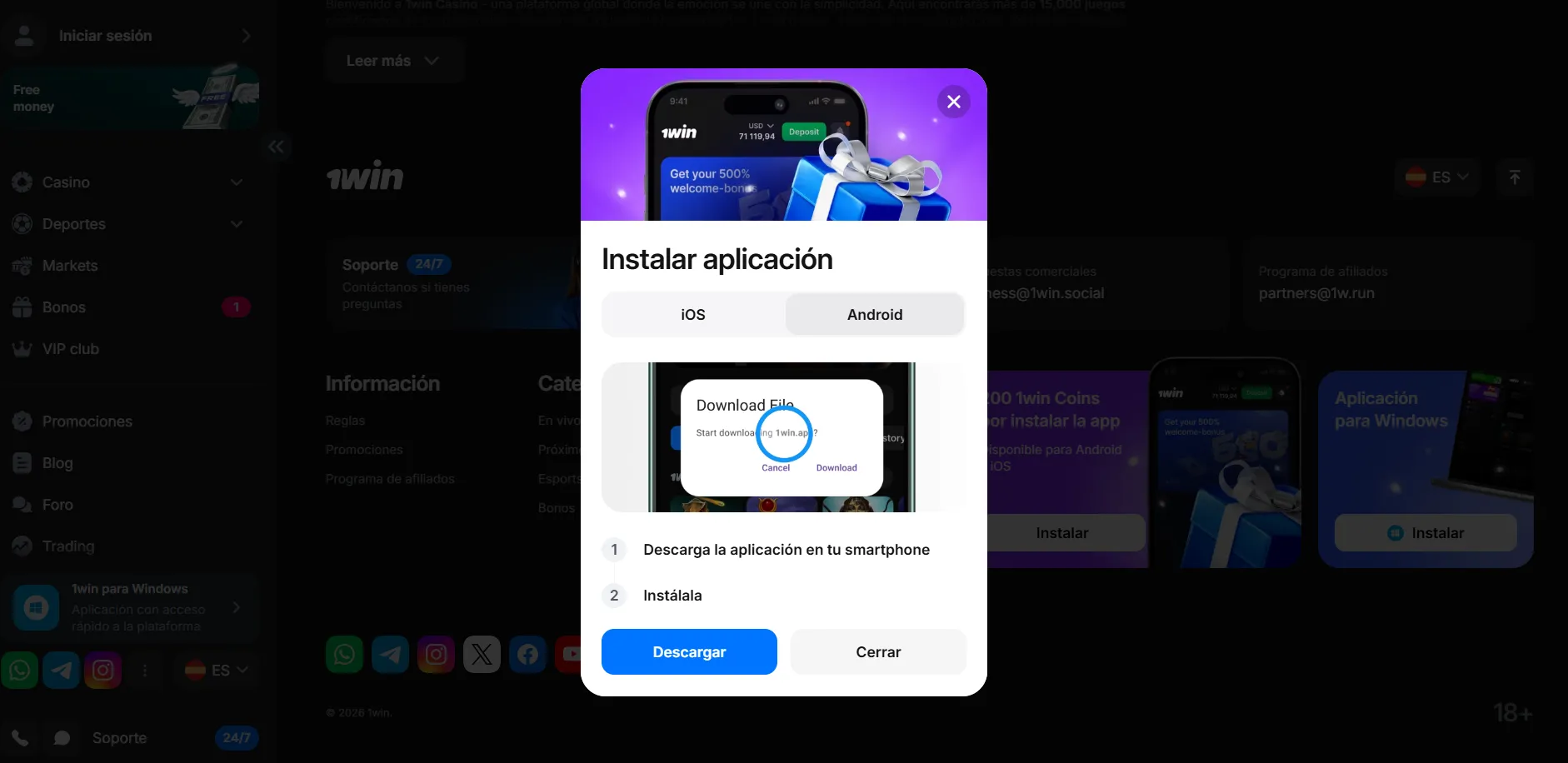 Cómo descargar e instalar el 1Win APK en Android